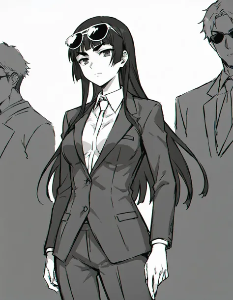 score_9, score_8_up, score_7_up, source_anime BREAK (1girl), long hime cut hair, black hair, thick eyebrows, medium breasts, sunglasses, formal suit, Sketch, Manga Sketch, Pencil drawing, Black and White, Manga, Manga style, Low detail, Line art, vector art, Monochromatic,