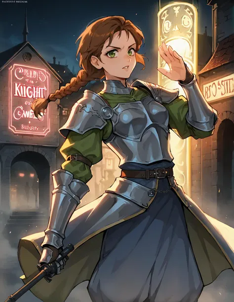 score_9, score_8_up, score_7_up, source_anime BREAK (1girl), green eyes, brown hair in single braid, medieval knight, dressed in the armor of a medieval knight, casting fire magic, dynamic pose, looking at the view of the modern neon cyberpunk metropolis, cinematic lighting, volume lighting,neon lights , dystopian city , Maciej Rebisz , Mike Winkelmann (Beeple)