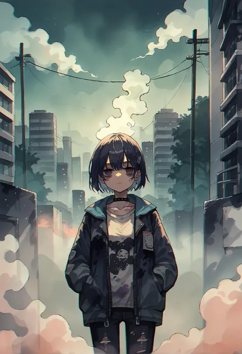 score_9,score_8_up,score_7_up, grunge, painting, dark, watercolor, women with empty eyes starring off into the distance, smoke, fog, fog covered cityscape