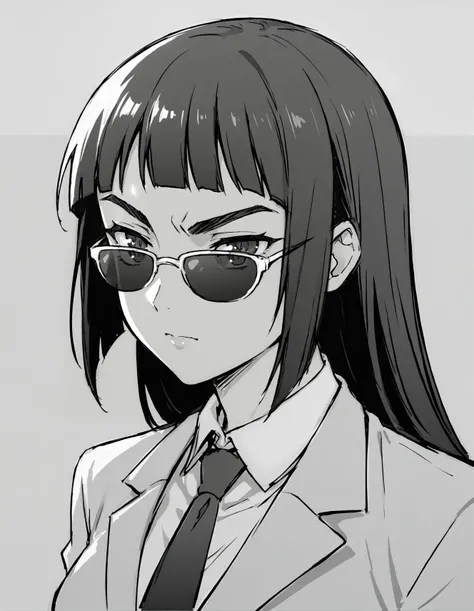 score_9, score_8_up, score_7_up, source_anime BREAK (1girl), long hime cut hair, black hair, thick eyebrows, medium breasts, sunglasses, formal suit, Sketch, Manga Sketch, Pencil drawing, Black and White, Manga, Manga style, Low detail, Line art, vector art, Monochromatic,