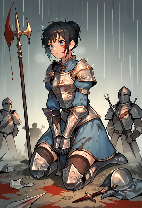 score_9,score_8_up,score_7_up, dark, soft lighting, woman wearing heavy armor kneeling in a muddy battlefield, rain, muddy, covered in blood and mud, medieval armor, knight, discarded weapons, spears planted in the ground, greaves, short black hair, hair bun, blue eyes, blood on face, blood on armor,