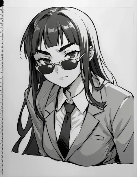 score_9, score_8_up, score_7_up, source_anime BREAK (1girl), long hime cut hair, black hair, thick eyebrows, medium breasts, sunglasses, formal suit, Sketch, Manga Sketch, Pencil drawing, Black and White, Manga, Manga style, Low detail, Line art, vector art, Monochromatic,