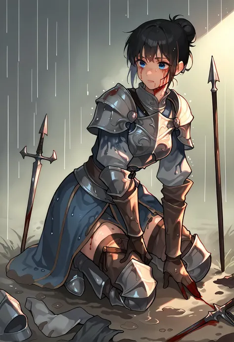 score_9,score_8_up,score_7_up, dark, soft lighting, woman wearing heavy armor kneeling in a muddy battlefield, rain, muddy, covered in blood and mud, medieval armor, knight, discarded weapons, spears planted in the ground, greaves, short black hair, hair bun, blue eyes, blood on face, blood on armor,