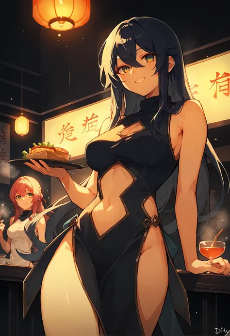 score_9,score_8_up,score_7_up, dark, dimly lit, soft lighting, women wearing a sleeveless turtleneck dress in a smoky bar, medium breasts, stomach cutout, pelvic curtain, long hair, alluring smile, dimly lit restaurant in background