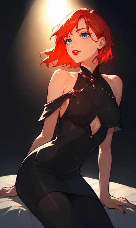 score_9,score_8_up,score_7_up, dark, soft lighting, 1girl, black shoulder less dress, medium breasts, red hair, blue eyes, lipstick, slim, black leggings,