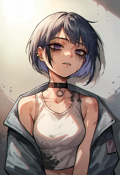 score_9,score_8_up,score_7_up, grunge, dark, watercolor, 1girl, sleeveless jacket, choker, short hair, industrial complex in background, ruined makeup,