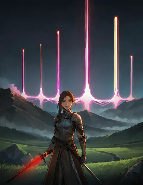 score_9, score_8_up, score_7_up, source_anime BREAK (1girl), green eyes, brown hair in single braid,long hair, skyrim, sword, landscape, dragon, cinematic lighting, volume lighting,neon lights , dystopian city , Maciej Rebisz , Mike Winkelmann (Beeple)