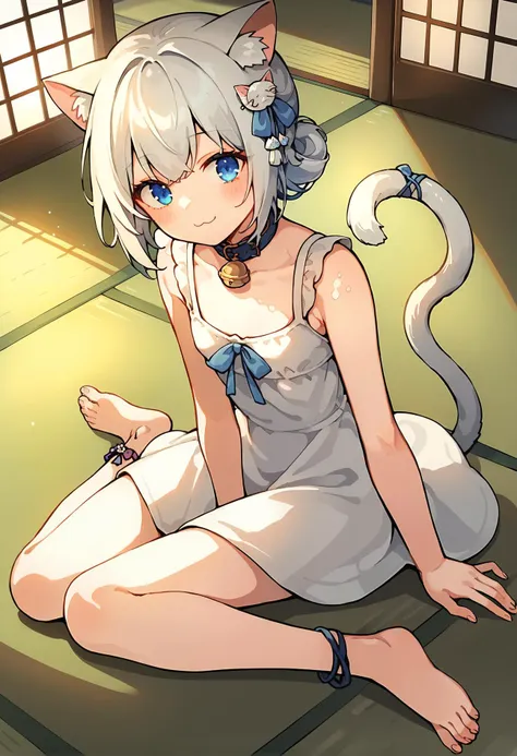 score_9,score_8_up,score_7_up, dappled light, 1girl, catgirl, nekomimi, cat ears, cat tail, (black sundress), white hair, blue eyes, playful smile, collar with a bell, hair ornament, anklet, girl sprawled out on a tatami floor, tail ornament, ribbon around tail,