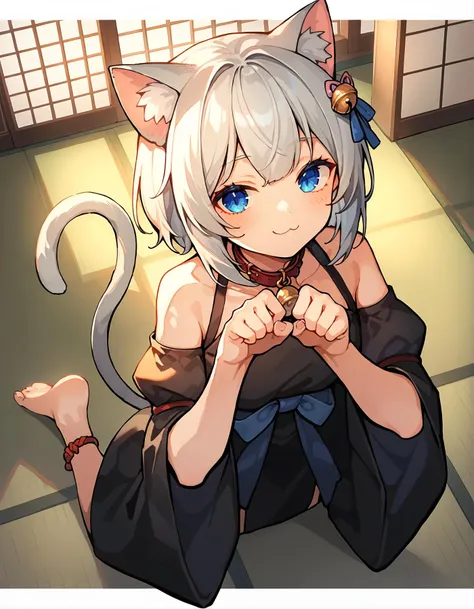 score_9,score_8_up,score_7_up, dappled light, 1girl, catgirl, nekomimi, cat ears, cat tail, (black dress), white hair, blue eyes, playful smile, collar with a bell, hair ornament, anklet, girl sprawled out on a tatami floor, tail ornament, ribbon around tail, (cat stretch:1.2)