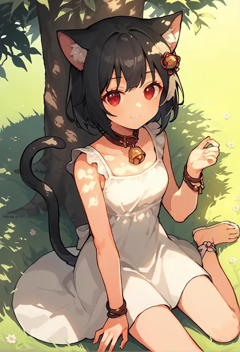 score_9,score_8_up,score_7_up, dappled light, 1girl, catgirl, nekomimi, cat ears, cat tail, white sundress, black hair, red eyes, playful smile, w-sitting, wariza, sitting under a tree in the grass, collar with a bell, hair ornament, bracelet,