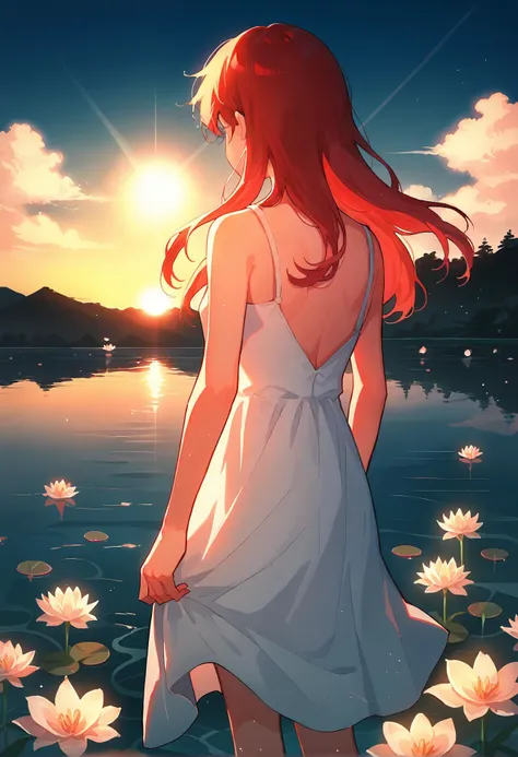 score_9,score_8_up,score_7_up, soft lighting, lens flare, reflections, raytracing, dark, moody, girl standing on the shore of a lake watching the vibrant sunset, sunset, vibrant, high contrast, long hair, (shoreline), sundress, red hair, flowers, water lilies, from behind,