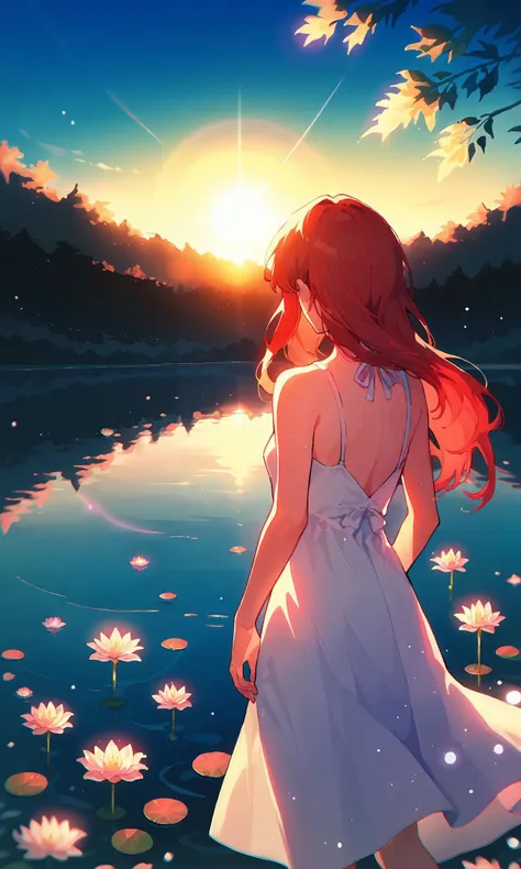 score_9,score_8_up,score_7_up, soft lighting, lens flare, reflections, raytracing, girl standing on the shore of a lake watching the vibrant sunset, sunset, vibrant, high contrast, long hair, (shoreline), sundress, red hair, flowers, water lilies, from behind,