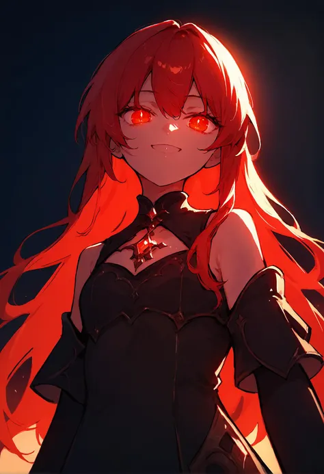 score_9,score_8_up,score_7_up, soft lighting, dark, moody, low-key, girl standing in front of a sunset light filtering through her hair, sunset, vibrant colors, high contrast, long hair, red hair, looking at viewer, glowing eyes, unsettling smile, from below, black dress, gloves,