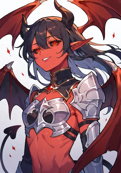 upper body, looking at viewer :: (mature, adult, small bust), demon girl, monster girl, (red skin), demon horns, demon tail, red wings, demon wings, large wings :: dark hair, floating hair :: red eyes, (black sclera), reflective eyes :: (wearing demonic armor) 