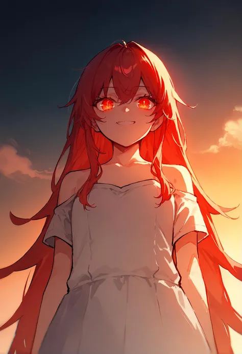 score_9,score_8_up,score_7_up, soft lighting, dark, moody, low-key, girl standing in front of a sunset light filtering through her hair, sunset, vibrant colors, high contrast, long hair, red hair, looking at viewer, glowing eyes, unsettling smile, from below,