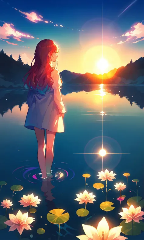 score_9,score_8_up,score_7_up, soft lighting, lens flare, reflections, raytracing, girl standing on the shore of a lake watching the vibrant sunset, sunset, vibrant, high contrast, long hair, (shoreline)