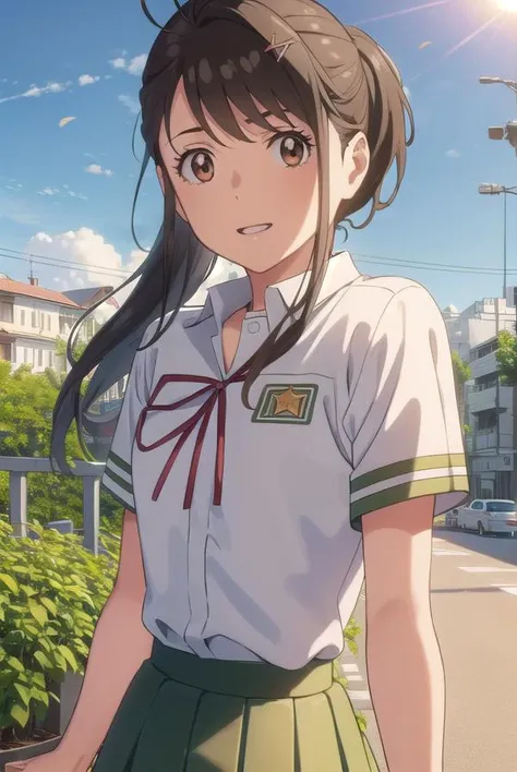suzumeiwato, <lora:suzume iwato movie-lora-nochekaiser:1>,
suzume iwato, long hair, black hair, hair ornament, (brown eyes:1.5), hairclip, ponytail, smile,
BREAK skirt, shirt, ribbon, school uniform, white shirt, red ribbon, green skirt, long skirt,
BREAK outdoors, sky, day, cloud, sun,
BREAK looking at viewer, (cowboy shot:1.5),
BREAK <lyco:GoodHands-beta2:1>, (masterpiece:1.2), best quality, high resolution, unity 8k wallpaper, (illustration:0.8), (beautiful detailed eyes:1.6), extremely detailed face, perfect lighting, extremely detailed CG, (perfect hands, perfect anatomy),