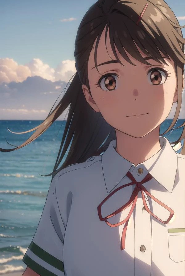 suzumeiwato, <lora:suzume iwato movie-lora-nochekaiser:1>,
suzume iwato, long hair, black hair, hair ornament, (brown eyes:1.5), hairclip, ponytail, smile,
BREAK skirt, shirt, ribbon, school uniform, white shirt, red ribbon, green skirt, long skirt,
BREAK outdoors, sky, day, cloud, sun,
BREAK looking at viewer, (cowboy shot:1.5),
BREAK <lyco:GoodHands-beta2:1>, (masterpiece:1.2), best quality, high resolution, unity 8k wallpaper, (illustration:0.8), (beautiful detailed eyes:1.6), extremely detailed face, perfect lighting, extremely detailed CG, (perfect hands, perfect anatomy),