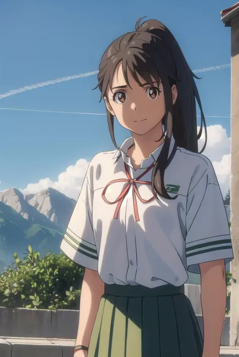 suzumeiwato, <lora:suzume iwato movie-lora-nochekaiser:1>,
suzume iwato, long hair, black hair, hair ornament, (brown eyes:1.5), hairclip, ponytail, smile,
BREAK skirt, shirt, ribbon, school uniform, white shirt, red ribbon, green skirt, long skirt,
BREAK outdoors, sky, day, cloud, sun,
BREAK looking at viewer, (cowboy shot:1.5),
BREAK <lyco:GoodHands-beta2:1>, (masterpiece:1.2), best quality, high resolution, unity 8k wallpaper, (illustration:0.8), (beautiful detailed eyes:1.6), extremely detailed face, perfect lighting, extremely detailed CG, (perfect hands, perfect anatomy),