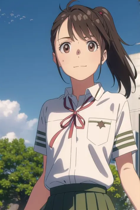 suzumeiwato, <lora:suzume iwato movie-lora-nochekaiser:1>,
suzume iwato, long hair, black hair, hair ornament, (brown eyes:1.5), hairclip, ponytail, smile,
BREAK skirt, shirt, ribbon, school uniform, white shirt, red ribbon, green skirt, long skirt,
BREAK outdoors, sky, day, cloud, sun,
BREAK looking at viewer, (cowboy shot:1.5),
BREAK <lyco:GoodHands-beta2:1>, (masterpiece:1.2), best quality, high resolution, unity 8k wallpaper, (illustration:0.8), (beautiful detailed eyes:1.6), extremely detailed face, perfect lighting, extremely detailed CG, (perfect hands, perfect anatomy),