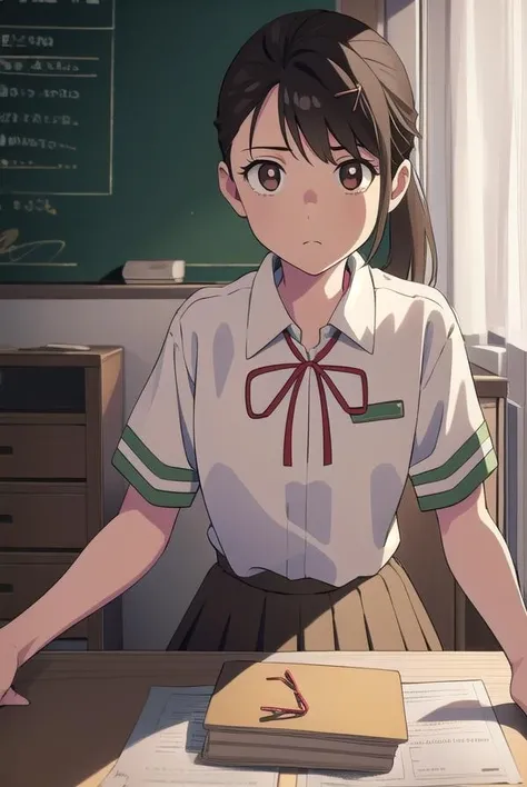 suzumeiwato, <lora:suzumeiwato-lora-nochekaiser:1>,
suzume iwato, black hair, (brown eyes:1.5), ponytail, hairclip, hair clip, hair pin,
BREAK skirt, shirt, ribbon, brown eyes, school uniform, white shirt, short sleeves, pleated skirt, collared shirt, red ribbon, neck ribbon, green skirt,,
BREAK looking at viewer,
BREAK indoors, classroom,
BREAK <lyco:GoodHands-beta2:1>, (masterpiece:1.2), best quality, high resolution, unity 8k wallpaper, (illustration:0.8), (beautiful detailed eyes:1.6), extremely detailed face, perfect lighting, extremely detailed CG, (perfect hands, perfect anatomy),