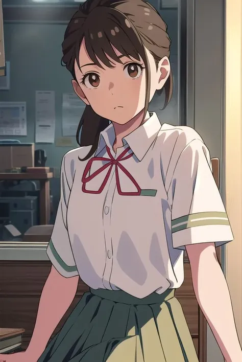 suzumeiwato, <lora:suzumeiwato-lora-nochekaiser:1>,
suzume iwato, black hair, (brown eyes:1.5), ponytail, hairclip, hair clip, hair pin,
BREAK skirt, shirt, ribbon, brown eyes, school uniform, white shirt, short sleeves, pleated skirt, collared shirt, red ribbon, neck ribbon, green skirt,,
BREAK looking at viewer,
BREAK indoors, classroom,
BREAK <lyco:GoodHands-beta2:1>, (masterpiece:1.2), best quality, high resolution, unity 8k wallpaper, (illustration:0.8), (beautiful detailed eyes:1.6), extremely detailed face, perfect lighting, extremely detailed CG, (perfect hands, perfect anatomy),