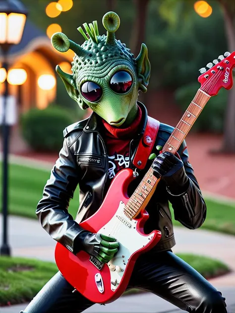 rodian alien in a black leather jacket,playing a red stratocaster guitar, masterpiece, best quality, soft light, bokeh, real shadow, cinematic, subsurface scuttering<lora:RodianXL:0.8>