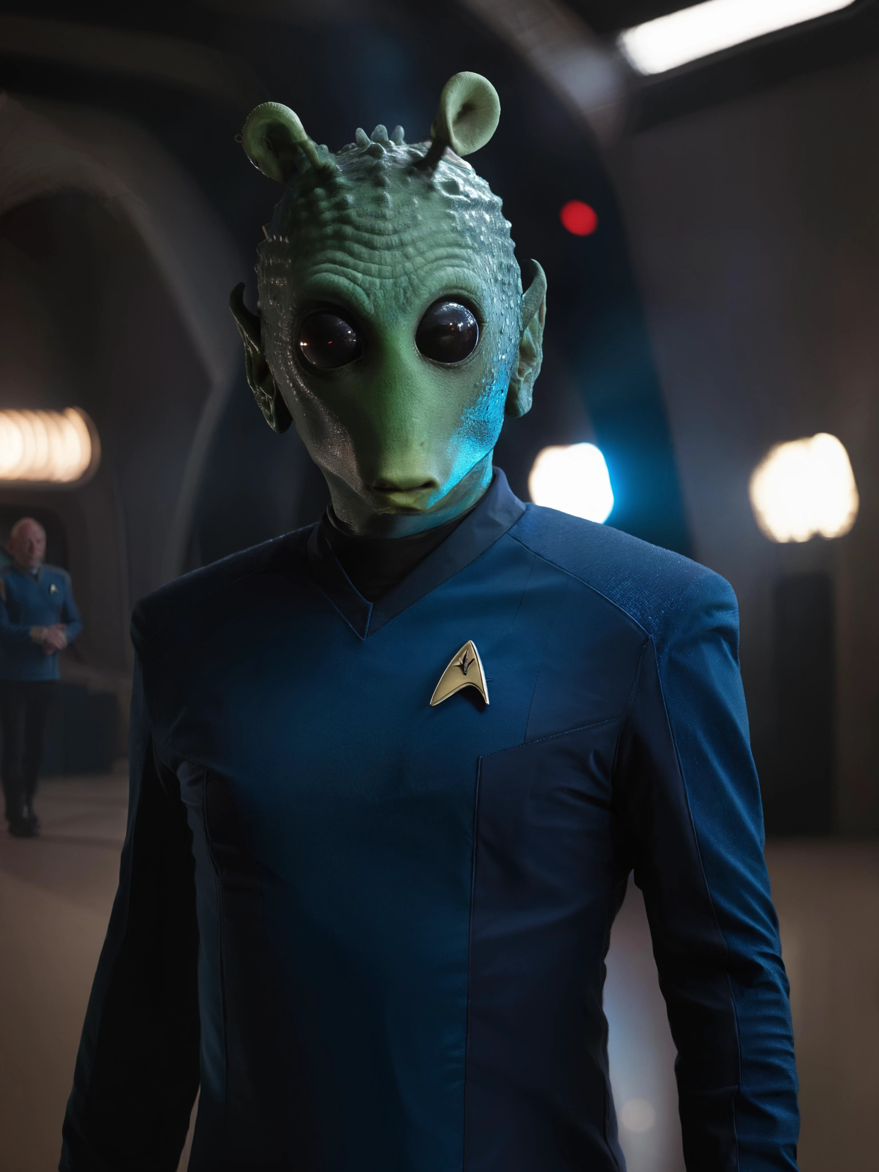 rodian alien in swearing blue stsnwunf uniform with black pants,professional photograph,detailed, sharp focus, dramatic, award winning,RAW photo, cinematic lighting, octane render, unreal engine, volumetrics dtx, (film grain, bokeh, blurry foreground, blurry background)<lora:SNWXLV2:0.8> <lora:RodianXL:0.8>