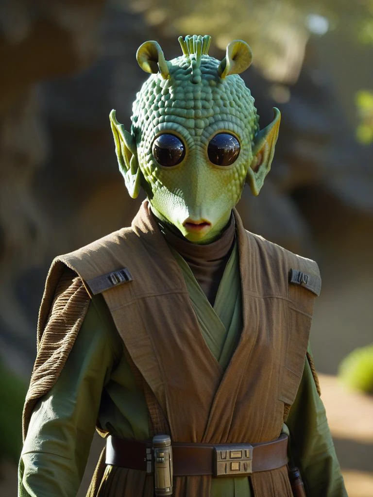 rodian alien wearing jedi robes,green skin,((best portrait)), (masterpiece, best quality), intricate details, realistic, photorealistic, flawless structure, masterpiece, (portrait), natural skin, oiled skin,subsurface scattering, shot with cinematic camera, soft lighting, high quality, best quality, masterpiece, best picture, sexy, lovely, stunning,in nature surroundings <lora:RodianXL:0.8>