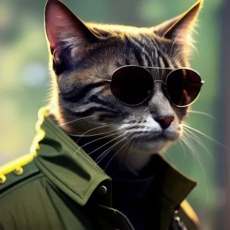 a fantz (creature:0.4)|cat:0.5, portrait with a costume: military green jacket, aviator sunglasses, stoic look, facing camera, dynamic composition, cinematic lighting, warm and vibrant colors, art by Sam Weber and Michael C Hayes, 8k, trending on artstation, hyper detailed, cinematic, <lora:Creature_Design2_V1:1>