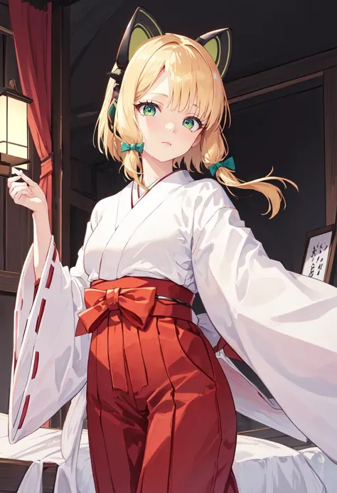 best quality, masterpiece, highres, solo, (midori_bluearchive:1.10), (white kimono:1.35), (red hakama:1.35), (wide sleeves:1.20), 24 <lora:midori_bluearchive:0.80>
