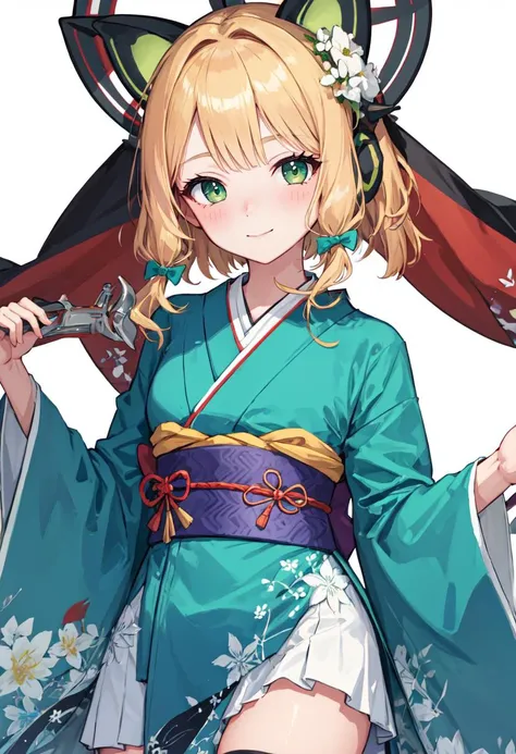 best quality, masterpiece, highres, solo, (midori_bluearchive:1.10), 1girl, alternate costume, blush, closed mouth, green kimono, long sleeves, wide sleeves, obi, simple background, white background, blue bow, looking at viewer, smile, brown footwear, hair flower, holding, print kimono, thighhighs, upper body, white flower, 11 <lora:midori_bluearchive:0.80>