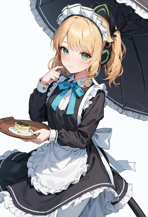 best quality, masterpiece, highres, solo, (midori_bluearchive:1.10), 1girl, black dress, blush, looking at viewer, maid apron, maid headdress, official alternate costume, simple background, white apron, white background, long sleeves, frilled apron, white pantyhose, blue bow, closed mouth, frilled dress, twintails, puffy sleeves, holding, 0 <lora:midori_bluearchive:0.80>