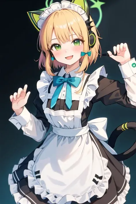 best quality, masterpiece, highres, solo, {midori_bluearchive:1.15}, headphones, animal_ears, blonde_hair, fake_animal_ears, animal_ear_headphones, green_eyes, cat_ear_headphones, bow, halo, bangs, blush, hair_bow, short_hair, 1girl, alternate_costume, blue_bow, blue_bowtie, bowtie, looking_at_viewer, maid, maid_headdress, apron, enmaided, long_sleeves, maid_apron, cat_ears, dress, sidelocks, smile, tail, black_dress, cat_tail, simple_background, open_mouth