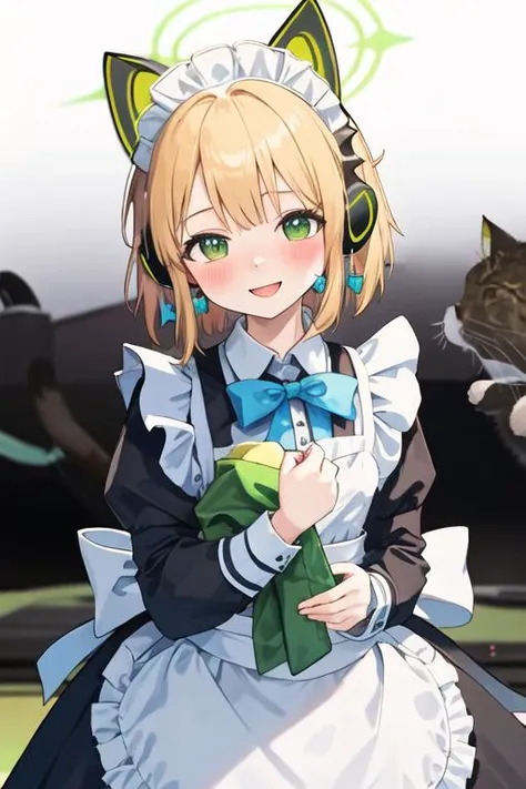 best quality, masterpiece, highres, solo, {midori_bluearchive:1.15}, headphones, animal_ears, blonde_hair, fake_animal_ears, animal_ear_headphones, green_eyes, cat_ear_headphones, bow, halo, bangs, blush, hair_bow, short_hair, 1girl, blue_bow, blue_bowtie, looking_at_viewer, maid, maid_headdress, white_background, alternate_costume, apron, black_dress, bowtie, enmaided, long_sleeves, open_mouth, simple_background, smile, twintails, dress, heart, low_twintails, maid_apron, short_twintails, upper_body