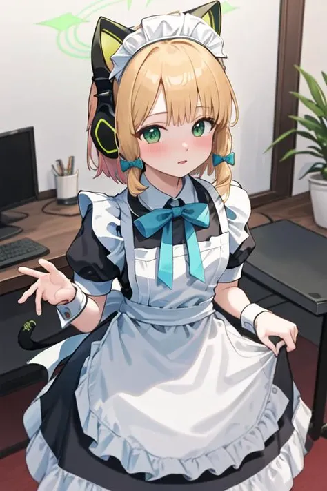 best quality, masterpiece, highres, solo, {maid:1.40}, {long maid dress:1.15}, {midori_bluearchive:1.15}, headphones, animal_ears, blonde_hair, fake_animal_ears, animal_ear_headphones, green_eyes, cat_ear_headphones, bow, halo, bangs, blush, hair_bow, short_hair