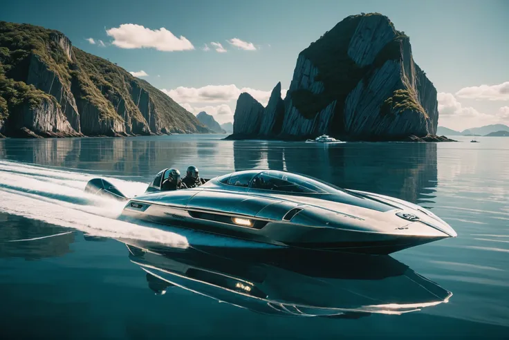 photograph, epic hyperrealism, canon f/15 50mm lens, cinematic color palette, scifi vehicle, A sleek, high-speed, alien, speedboat at sea with islands in the background<lora:EnvyStarlightScifiAesthetic02:1>