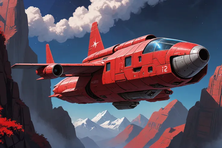 digital painting, scifi vehicle, A towering, bulky, red far-future cargo plane flying over some mountains<lora:EnvyStarlightScifiAesthetic23:1>