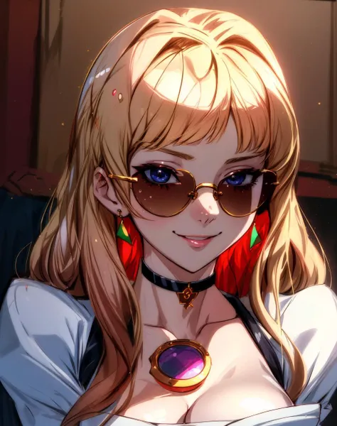 4K, Masterpiece, highres, absurdres,natural volumetric lighting , deep depth of field, sharp focus, soft delicate beautiful attractive face,vandread,blonde Nadia with sunglasses and a choker,smiling at viewer , vandread drawing style, <lora:Dita:0.25> <lora:Nadia:0.35> <lora:zeronis:0.25> <lora:add_detail:1>
