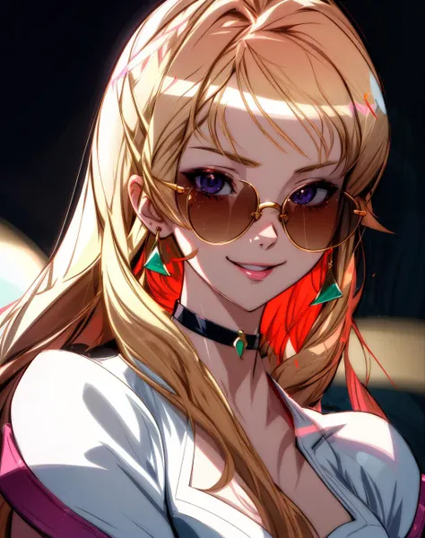 4K, Masterpiece, highres, absurdres,natural volumetric lighting , deep depth of field, sharp focus, soft delicate beautiful attractive face,vandread,blonde Nadia with sunglasses and a choker,smiling at viewer , vandread drawing style, <lora:Dita:0.25> <lora:Nadia:0.35> <lora:zeronis:0.25> <lora:add_detail:1>