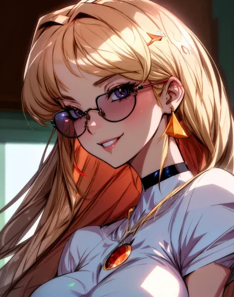 4K, Masterpiece, highres, absurdres,natural volumetric lighting , deep depth of field, sharp focus, soft delicate beautiful attractive face,vandread,blonde Nadia with sunglasses and a choker,smiling at viewer , vandread drawing style, <lora:Dita:0.25> <lora:Nadia:0.35> <lora:zeronis:0.25> <lora:add_detail:1>