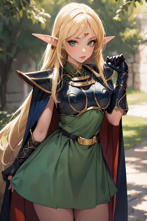 straight-on,pose,looking at viewer,solo, BREAK, ANI_CLASSIC_deedlit_ownwaifu, www.ownwaifu.com,
pointy ears, blonde hair, long hair, elf, circlet, green eyes, long pointy ears, very long hair, breasts, medium breasts, earrings, lips, makeup, bangs,
cape, armor, blue cape, shoulder armor, pauldrons, gloves, breastplate, belt, green dress, short dress,
<lora:ANI_CLASSIC_deedlit_ownwaifu-15:0.8>,, (masterpiece:1.4),(best quality:1.4),(absurdres:1.4),pinup,
