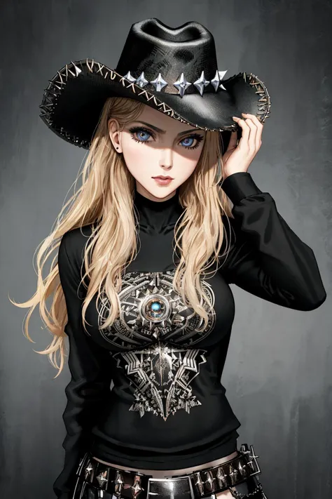 Masterpiece, absurdres,HDR, <lora:heavymetal_doll:0.75>, highly detailed eyes and face, beautiful heavymetal_doll, a woman in a black shirt and a cowboy hat , perfect heavymetal_doll body, perfect heavymetal_doll face,dressed in heavymetal_doll_clothing