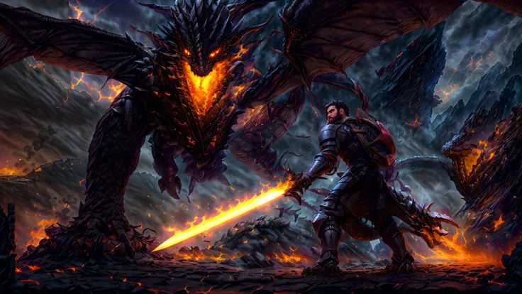 semi-realistic, fantasy style, game wallpaper, (full body shot,3d model, 1boy, wearing leather armor, chainmail, (dark skin:1.3), dark hair, grey pupils, thin lips, cornrow hairstyle, wide jawline, (beard:1.1),facing a dragon, :1.5) (dragon lair, treasures, gold, diamonds,) kkw-el-fire, (1boy, fighting, 1dragon, :1.1), <lora:Dragons v1:1>, (high quality:1.5), (best quality:1.5), (masterpiece:1.5), official wallpaper, surreal, (ruins:1.1), (detailed landscape:1.1), (magic in the air:1.1), (fire sparks:1.1), night sky, starry sky, (dramatic atmosphere:1.0), (cinematic scene:1.5), (sword and shield:1.2), (powerful energy:1.2), (woeful:1.2), vibrant colors, (detailed:1.0), (extremely detailed:1.5), sharp focus, (intricate:1.15), cinematic lighting, (extremely intricate:1.15), (epic scenery:1.0), vibrant colors, (beautiful scenery:1.15), (detailed scenery:1.5), (intricate scenery:1.0), (wonderful scenery:1.5), <lora:more_details:1.0>,