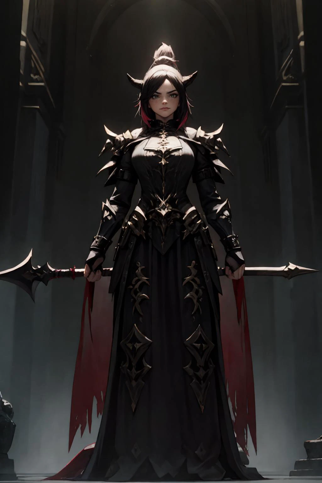 highres, masterpiece, perfect lighting, bloom, cinematic lighting, adult, female, looking at viewer, (RSEEmma:1.5),<lora:RSERomantic_RSESofiko_RSEEmma-v1:0.3>, <lora:DRK_Fashion:0.8> drk_glam, wearing drk_glam, <lora:UnlimitedBladeWorks1.6:0.8> Scythe, holding, weapon, holding weapon, side-swept bangs, black hair, pink IncursioDipDyedHair, <lora:DipDyedHair:1> messy mid ponytail, green eyes, thick eyebrows, freckles, smug, smirk, angry, ancient temple, dark magic, ominous, rituals, arcane symbols, shadowy, eerie, mystical, foreboding, ancient artifacts, sacrificial, cryptic inscriptions, forbidden knowledge, occult practices, mysterious energy, esoteric, sinister, hidden power, eerie atmosphere, cursed, enchanted, otherworldly, malevolent, haunting, supernatural, ancient rituals