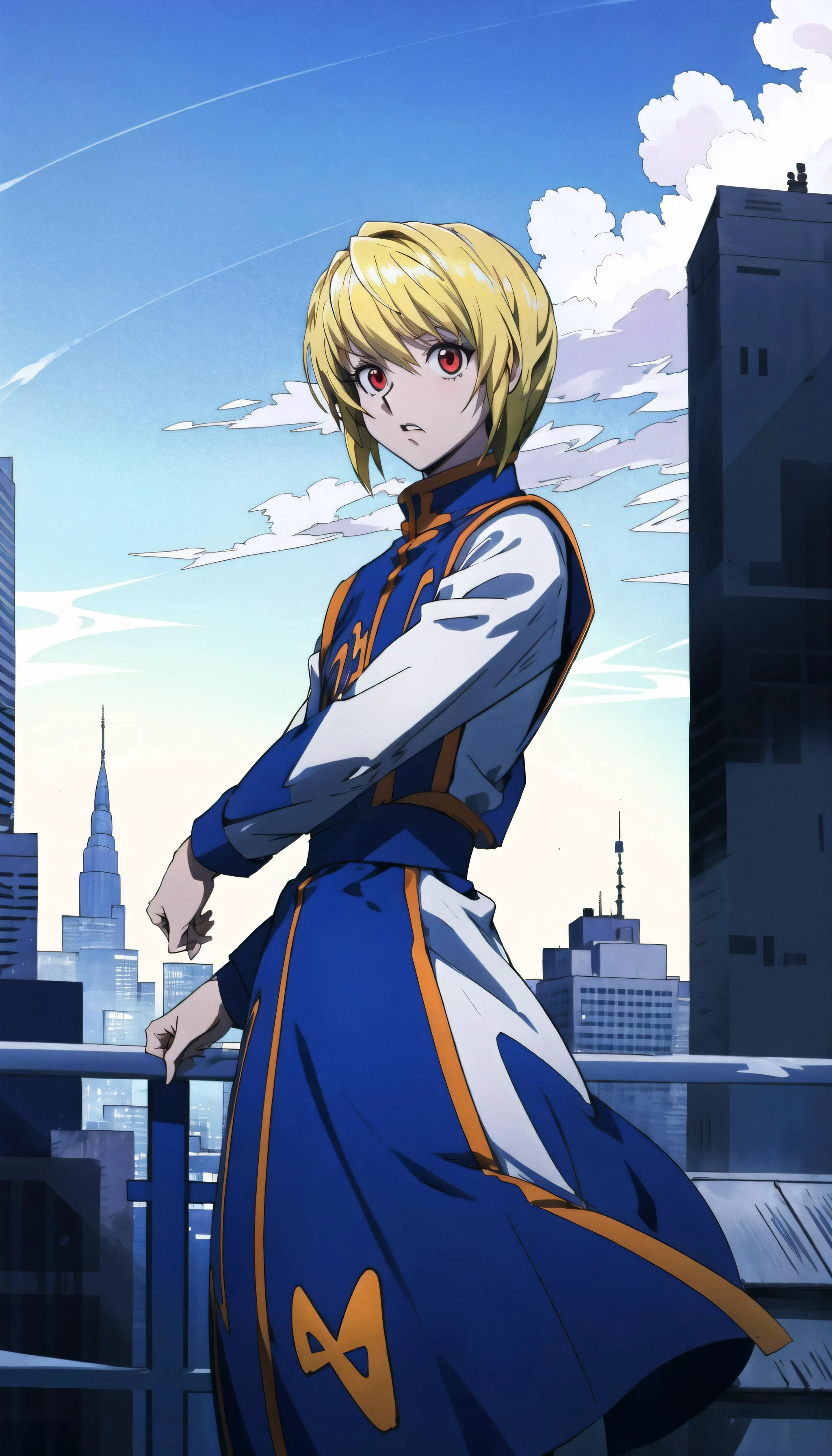 (cowboy shot), sfw, (masterpiece), (best quality:1.0), (ultra highres:1.0), detailed eyes
BREAK
<lora:Kurapika:0.7> Kurapika, 1boy, male focus, red eyes, surprised, posing
<lora:hxh2011:0.3>
BREAK
(skyscraper, rooftop, clouds, outdoors, gorgeous view)