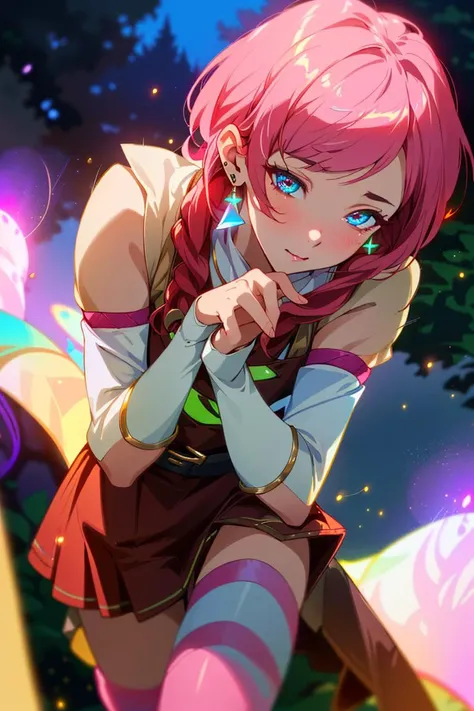 (8k, RAW photo, best quality, masterpiece:1.2), (realistic, photo-realistic:1.37), ultra highres, depth of field, chromatic aberration, caustics, Broad lighting, natural shading,Fujifilm XT3,masterpiece,ultra detailed,yui six star,1girl, solo,(pink thighhighs:1.3),white knee boots,outdoors,short hair,pink hair, red skirt, <lora:yui six star:0.6>