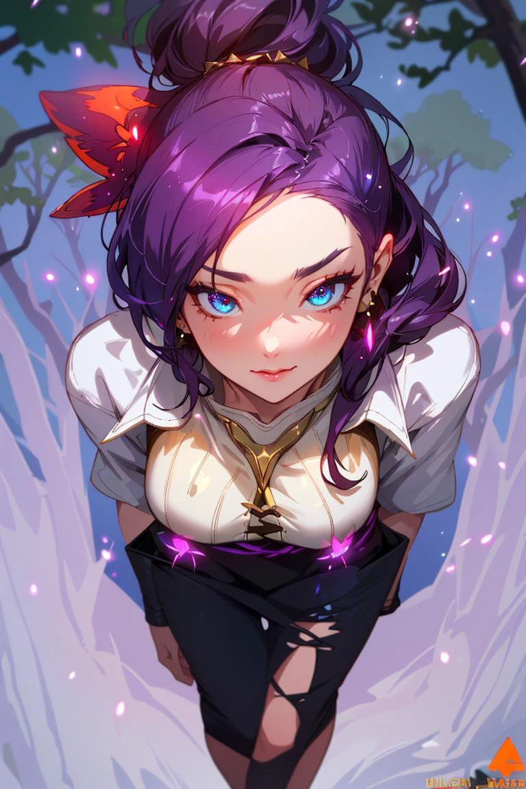 <lora:add_brightness:0.5><lora:add_detail:0.5><lora:hoshizora_ikuyo_v10:0.7> <lora:milf_downblouse.v10.1-e100:0.7> hi1,milf,purple hair, purple eyes, large breasts, hair bow,downblouse,naughty face, from above