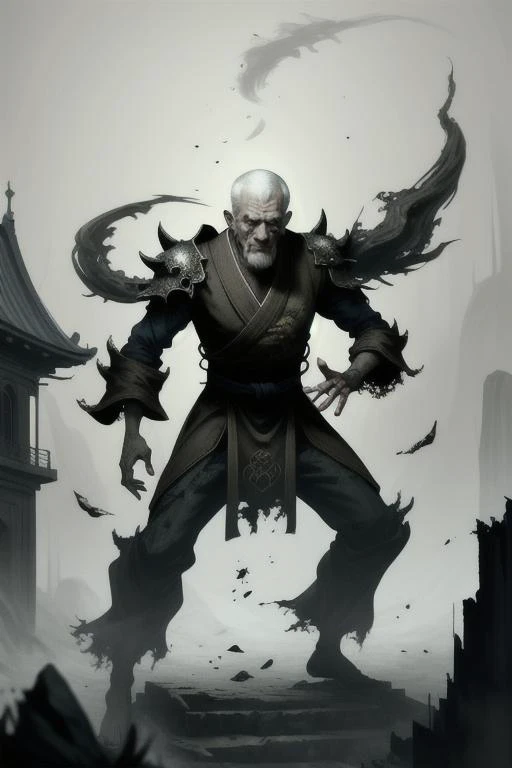 best quality,masterpiece,(1man, wrinkled face, old male:1.2), wise, grey eyes, white hair, drop fade, Style-GravityMagic, looking away, solo, (full body:0.6), detailed background, detailed face, (<lora:EntropyMagic:0.6> fantasy, dissolving, decay, entropymagic theme:1.1), eastern, monk, dynamic pose, fighting stance, clenched fist, hitting, fingerless gloves, wristwraps, martial arts themed clothes, monk robes, eastern temple stairs in background, swirling floating particles, dust cloud, depth of field, dynamic composition, epic eastern medieval atmosphere, ,