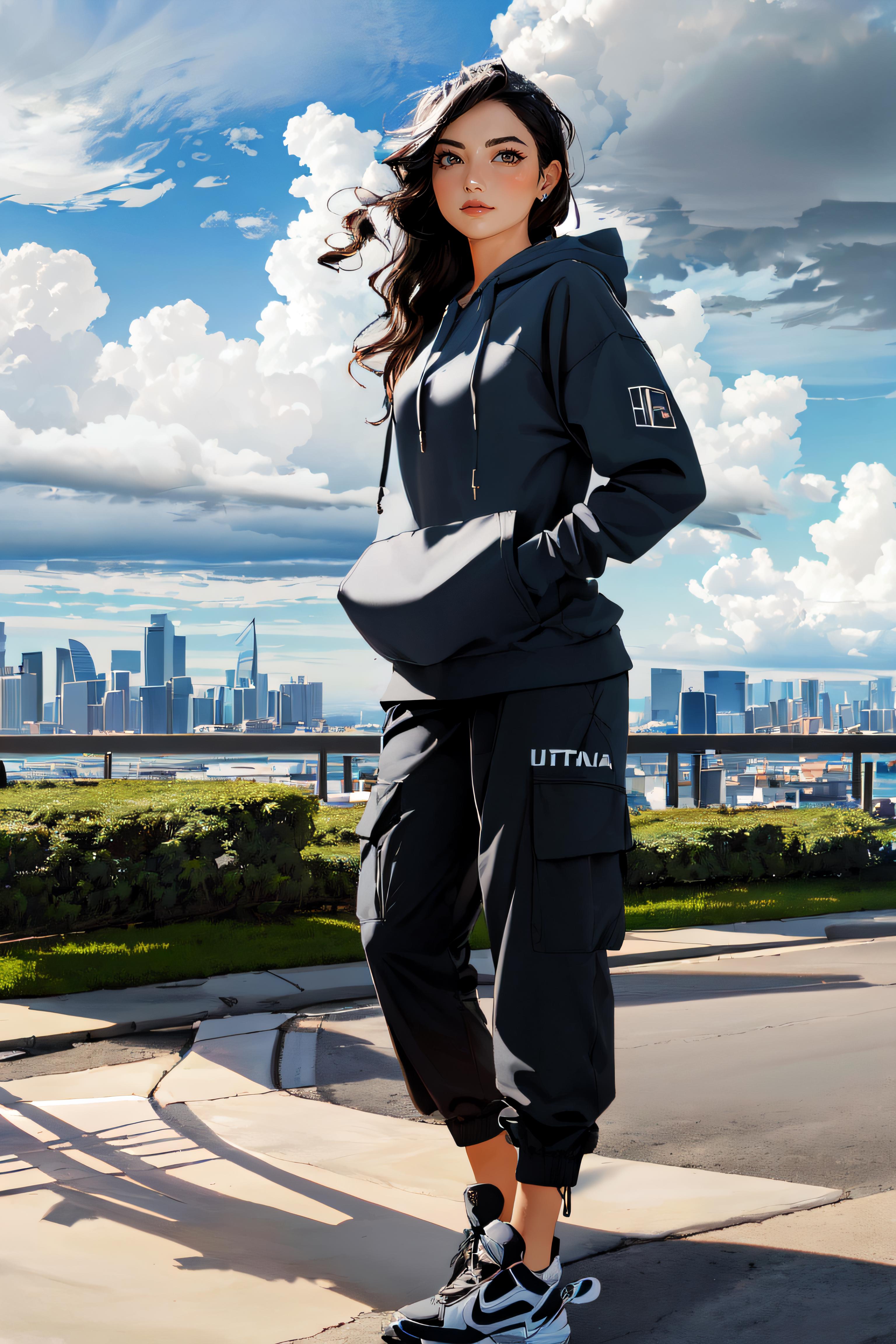 A woman in a black hoodie and pants standing on a sidewalk - SeaArt AI